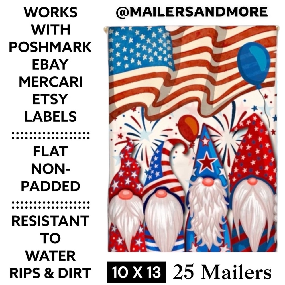 25 10X13 Poly Mailers Patriotic Gnomes USA American Flag
